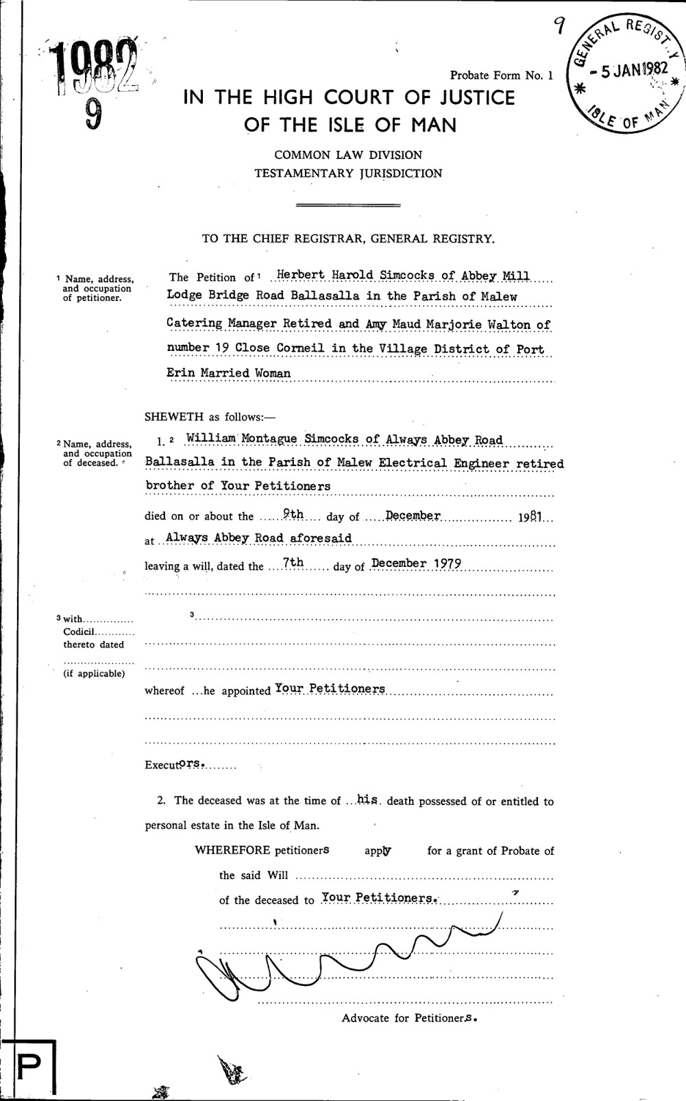 Probate of William Montague Simcocks, 1982/9
